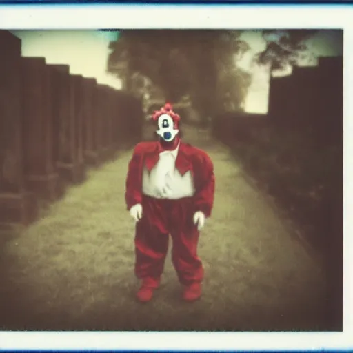 Prompt: Old polaroid photo of a Clown-Vampire against cemetery