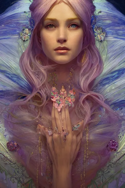 Prompt: flourescent portrait of jewel elf oracle physically accurate, moody dynamic lighting, very very intricate, very very elegant, highly detailed, concept art, smooth, very beautiful, sharp focus, illustration, art by Rob Lefield and Dan Mumfordand artgerm and greg rutkowski and alphonse mucha digital painting, artstation, trending on artstation, digital art,surrealism ,macro,blueprint ,vaporwave ,