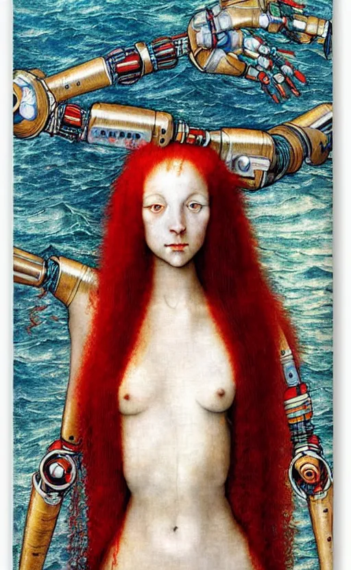 Image similar to portrait of a robot girl with long red hair and tattoo, under water, very beautiful enga style, girl wrapped in color, photorealism albrecht durer george copeland ault