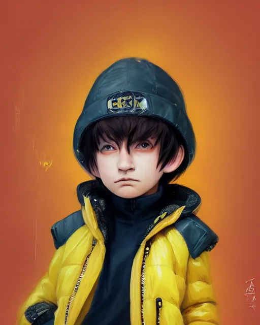 Prompt: a tiny punk kid wearing a puffy yellow jacket and a wizard wand, smooth, intricate, elegant, digital painting, artstation, concept art, sharp focus, octane render, illustration, art by ayami kojima, valorant character,