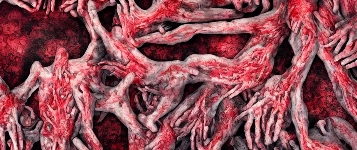 Image similar to human body entirely made up of feet, horror, scary, dark, nightmare, detail, high detail, red colors