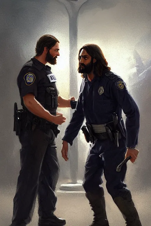 Image similar to jesus christ arresting a police officer, style of greg rutkowski