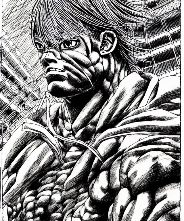 Image similar to A manga about a young shaved-headed scarred athlete. Sharp high quality manga, fine details, straight lines, architecture in the background, masterpiece, highly detailed drawing by Q Hayashida, Kentaro Miura