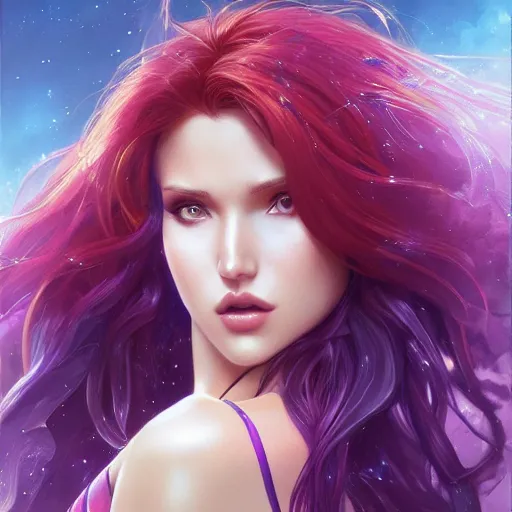 Image similar to ultra realistic illustration, bella thorne as starfire anime, intricate, elegant, highly detailed, digital painting, artstation, concept art, smooth, sharp focus, illustration, art by artgerm and greg rutkowski and alphonse mucha and wlop