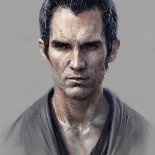 Prompt: portrait of a man by greg rutkowski, old jedi master, he looks like sam witwer, very short hair, wearing gray jedi robes, star wars expanded universe, he is about 6 0 years old, highly detailed portrait, digital painting, artstation, concept art, smooth, sharp foccus ilustration, artstation hq