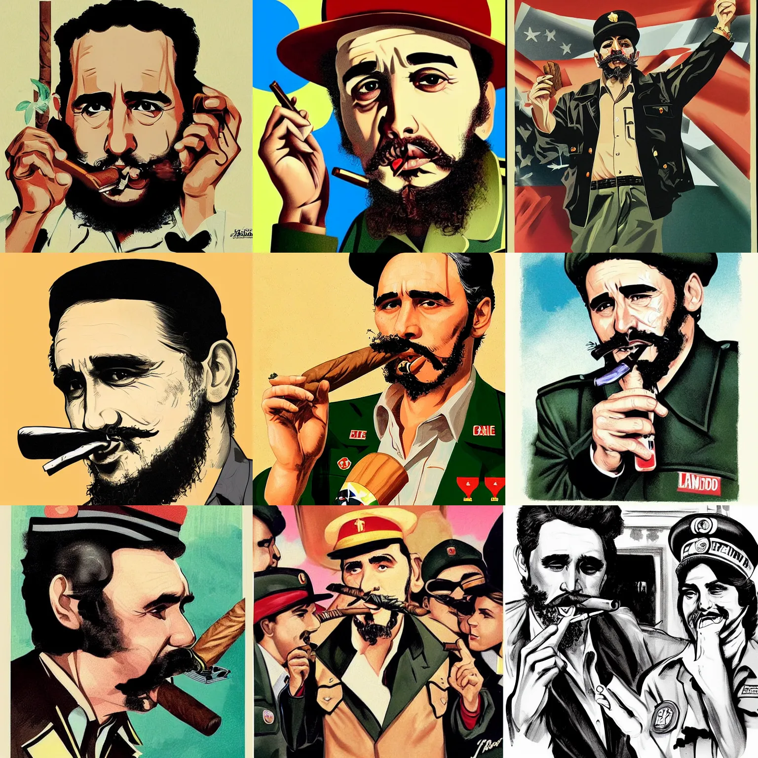 Prompt: james franco as the cuban dictator fidel castro smoking a large cigar, surrounded beautiful attentive women. lowbrow pop surrealism aesthetic, contemporary art illustration, mad magazine illustration, tom richmond illustration, mort drucker illustration