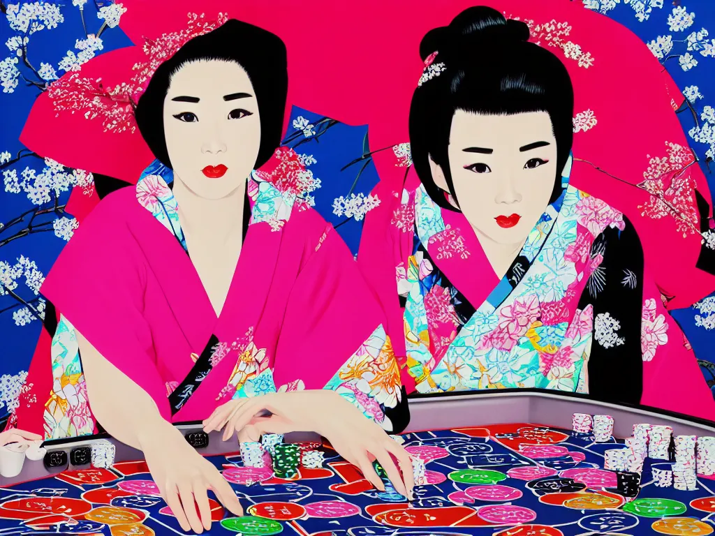 Prompt: hyperrealism composition of the detailed single woman in a japanese kimono sitting at an extremely detailed poker table with barbie, fireworks and sakura tree on the background, pop - art style, jacky tsai style, andy warhol style, acrylic on canvas