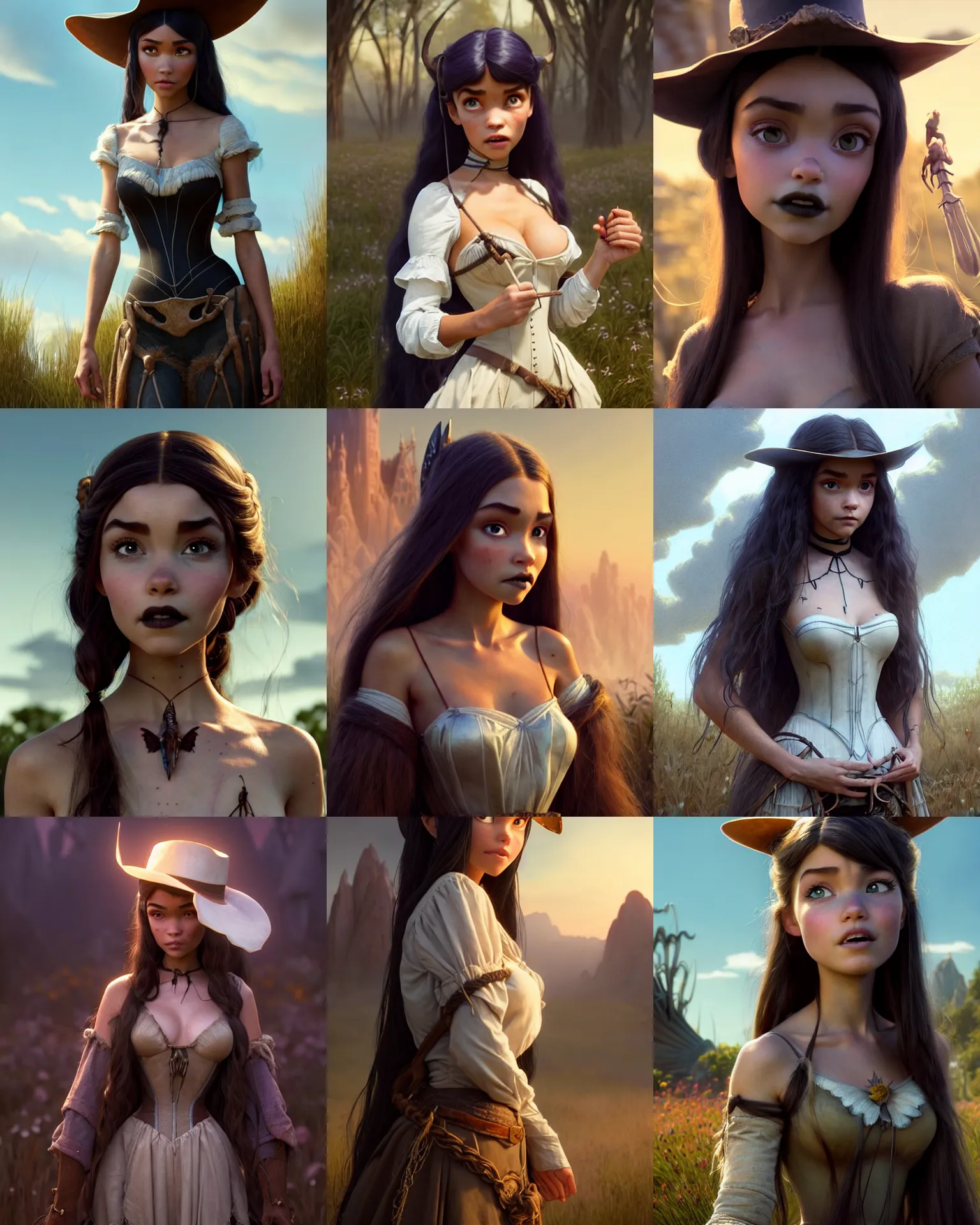 Prompt: weta disney pixar movie still portrait photo of madison beer : : as white gothic cowgirl woman by pixar : : by weta, greg rutkowski, wlop, ilya kuvshinov, rossdraws, artgerm, marvel, maxim cover, octane render, sweaty, tattered, tattoos, bright morning, anime, liosh, mucha, artstation : :