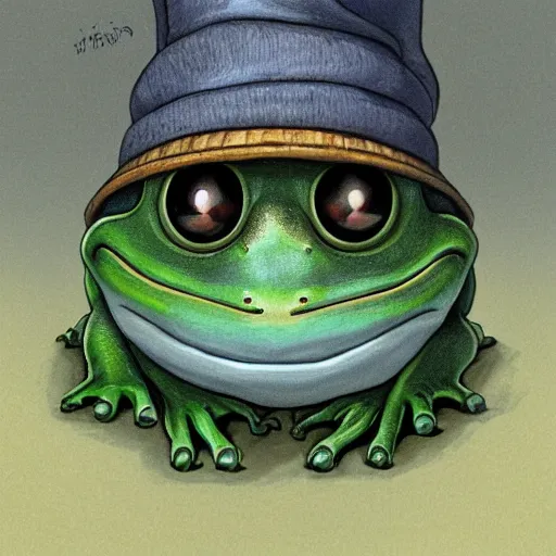 Image similar to A portrait of a wizard but his head is a frog', painted by Studio Ghibli, 4k, traditional art, trending on deviantart, highly detailed, full body shot, wide depth of field, professional lighting, airbrush