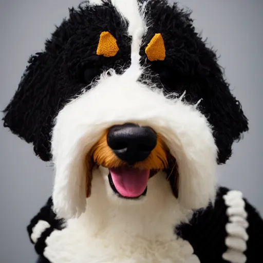 Image similar to a closeup photorealistic photograph of a cute smiling knitted bernedoodle judge dog dressed in a black gown, presiding over the courthouse. indoor image, professional capture, well lit shot. this 4 k hd image is trending on artstation, featured on behance, well - rendered, extra crisp, features intricate detail, epic composition and the style of unreal engine.