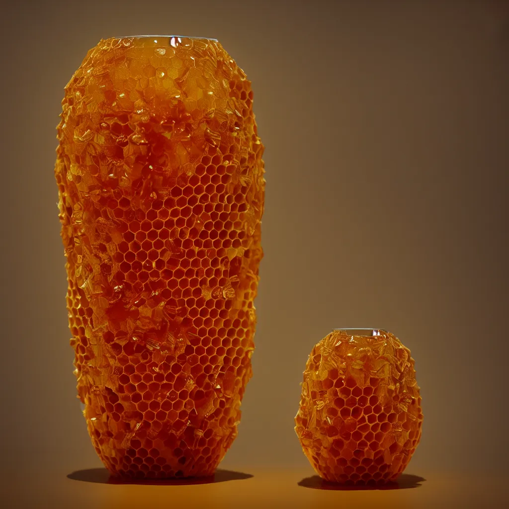 Prompt: real honeycomb vase with honey traditional shape design by tomas gabzdil libertiny, product design, film still from the movie directed by denis villeneuve with art direction by zdzisław beksinski, telephoto lens, shallow depth of field