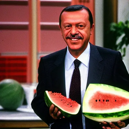 Prompt: recep tayyip erdogan smiling holding watermelon for a 1 9 9 0 s sitcom tv show, studio photograph