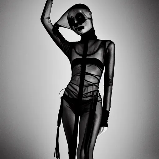 Image similar to fashion photography of an extraterrestrial model, wearing a black mask, wearing demobaza fashion, inside berghain, berlin fashion, harness, futuristic fashion, dark minimal outfit, photo 3 5 mm leica, hyperdetail, berghain, 8 k, very detailed, photo by nick knight