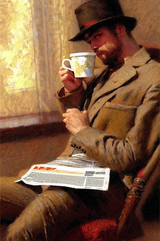 Image similar to attractive man drinking coffee and reading newspaper, painting by gaston bussiere, craig mullins