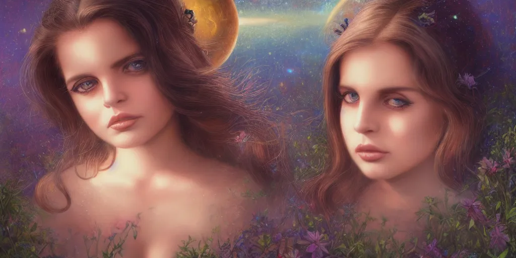 Image similar to big-eyed Lana Del Rey staring into the camera, sundown misty firefly wisps, Lilia Alvarado, Sophie Anderson, Mark Arian, Bob Byerley, Charlie Bowater, Mark Brooks, Steve Henderson, Justin Gerard, Arthur Hughes, Edward Robert Hughes, Mark Keathley, Victor Nizovtsev, Carlos Shwabe, Ross Tran, WLOP
