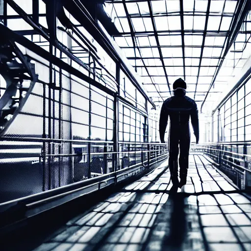 Prompt: mysterious man in silver space suit, walking on an industrial catwalk with stairs that lead nowhere, floating in deep space with a black background, photograph, wide angle, long shot