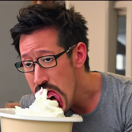 Image similar to markiplier slurping from a bucket of cream using a ladle, but spilling it all over his face and abs