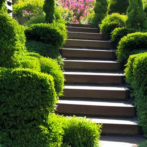 Image similar to lush garden stairs, penrose stairs