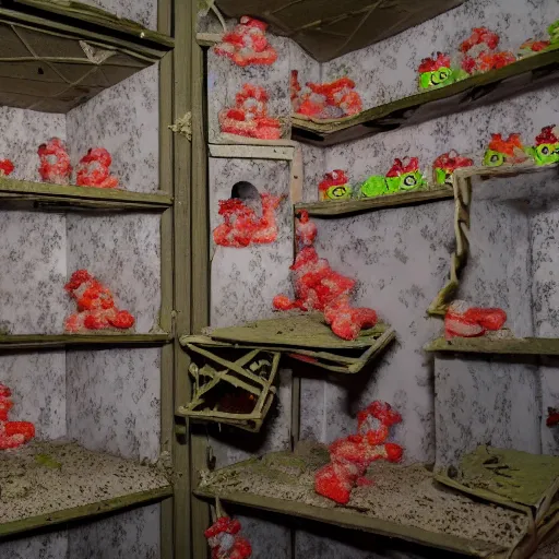 Prompt: sour patch kids at war inside abandoned dollhouse