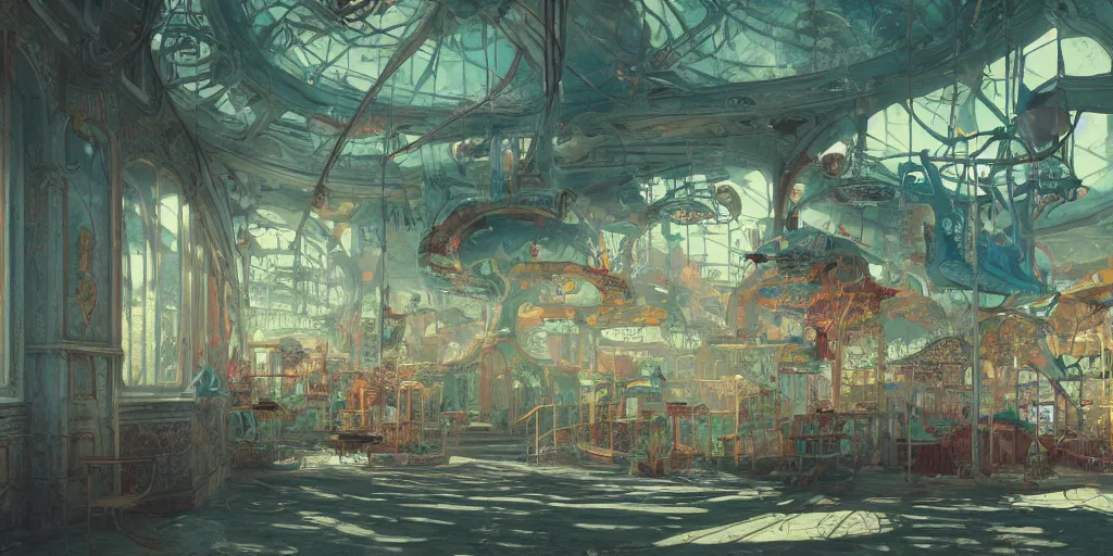 Image similar to abandoned amusement park interior design, Moebius, Greg Rutkowski, Zabrocki, Karlkka, Jayison Devadas, Phuoc Quan, trending on Artstation, 8K, ultra wide angle, pincushion lens effect.