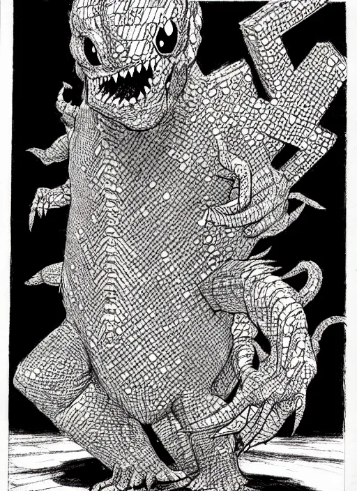 Image similar to the pokemon missingno as a d & d monster, pen - and - ink illustration, etching, by russ nicholson, david a trampier, larry elmore, 1 9 8 1, hq scan, intricate details, high contrast