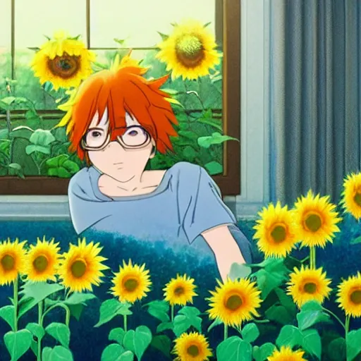 Image similar to a boy with long green hair lies in a hospital bed with a bunch of sunflowers by the window, by mamoru hosoda, hayao miyazaki, makoto shinkai