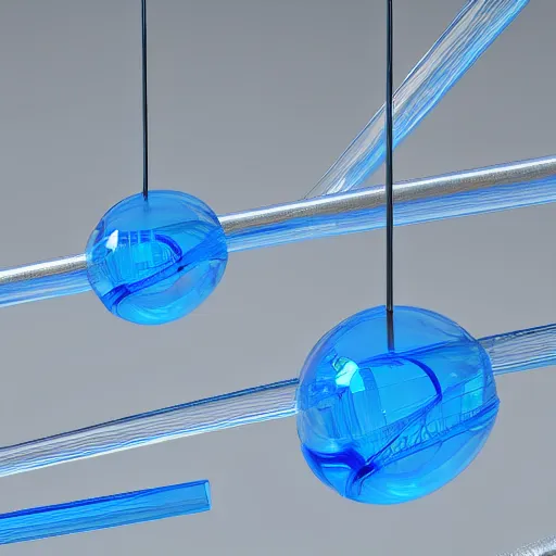 Prompt: blue glass balls connected by small steel rods ( ordered like a helix ), octane render, studio photo