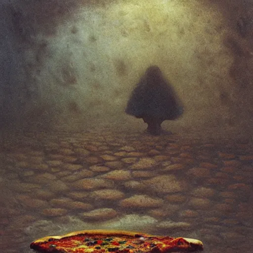 Prompt: pizza on the ground painted by beksinski, oil painting, high detail, moody, atmospheric light, 8 k, colorful