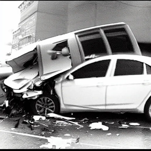 Prompt: Security camera footage of a car crash. Labeled 2/3/2012. Black and white, grainy, staticky.