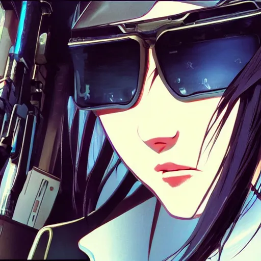 Image similar to a film still of a cyberpunk girl with a smirk, finely detailed features, aviators, closeup at the faces, dramatic cinematic, at cyberpunk city, gapmoe yandere grimdark, trending on pixiv fanbox, painted by greg rutkowski makoto shinkai takashi takeuchi craig mullins, alphonse mucha, studio ghibli, pixiv