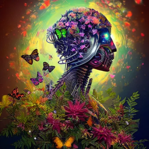 Prompt: a beautiful intricate fine art portrait photo of a alien robotic xenomorph overgrown with colorful flowers, leaves and butterflies by anna dittmann and zach sutton, perfection!, golden ratio composition, studio lighting, 50mm lens, bionic, cybernetic scifi, deep depth of field, artstation, 8K, highly coherent