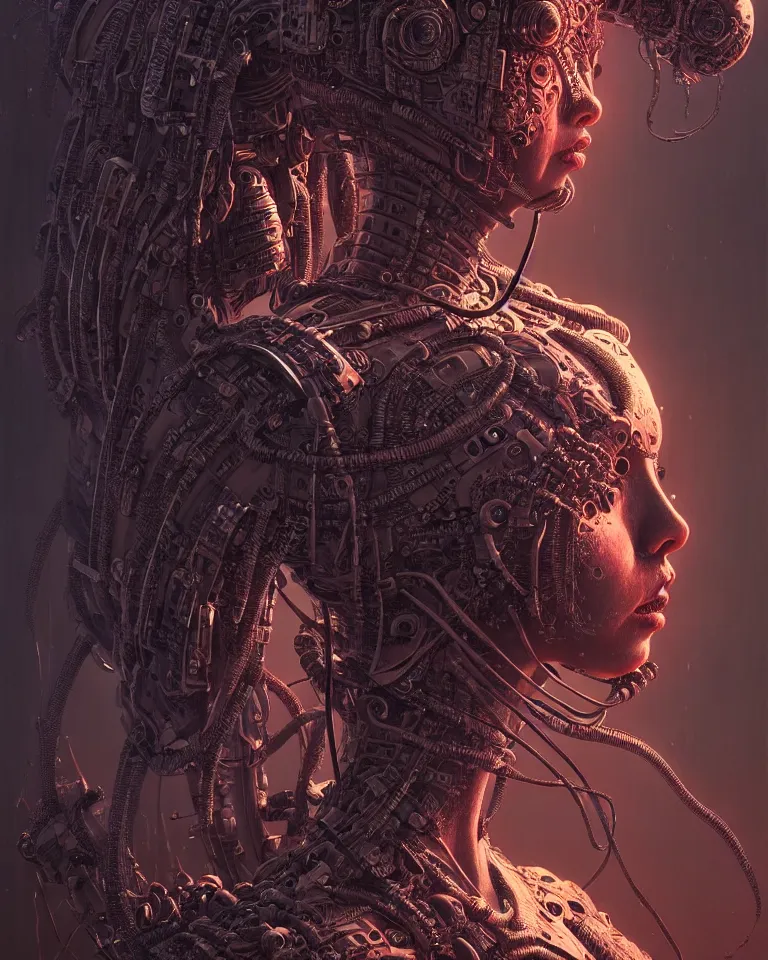 Image similar to ultra realist intricate detailed portrait of a dark samurai cyberpunk girl in an alien landscape, insanity, accurate features, apocalyptic, very intricate details, 8 k resolution, dim lighting, volumetric lighting, artstyle, zdzisław beksinski and keith thompson, award winning