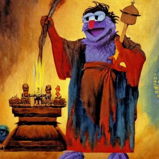 Prompt: Frank Frazetta painting of Bert the Muppet in high priest robes sacrificing Ernie the muppet on an altar.