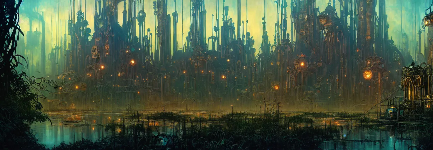 Image similar to steampunk cybercity in a swamp, godrays, cinematic, poster art by james gurney, weta studio, lucasfilm jesper ejsing, mucha, ilya kuvshinov, greg rutkowski frank frazzeta on artstation