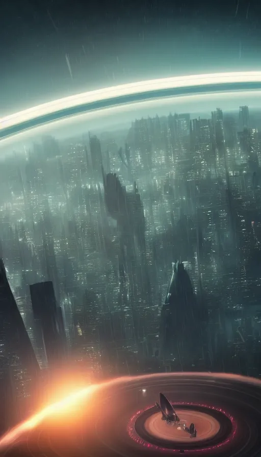 Image similar to an otherworldly futuristic Blade Runner cityscape with the planet Saturn and its rings slightly visible in the near background, ultra realistic, 8K