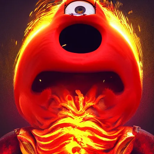 Image similar to an epic painting minion, red angry face in rage with nuclear explosion out of his head, he is going to blow, perfect composition, golden ratio, beautiful detailed, photorealistic, digital painting, concept art, smooth, sharp focus, illustration, artstation trending, octane render, unreal engine