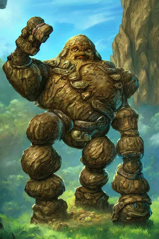 Image similar to zelda fantasy art giant golem troll wood rock greeble gemstone, global illumination ray tracing hdr fanart arstation by sung choi and eric pfeiffer and gabriel garza and casper konefal