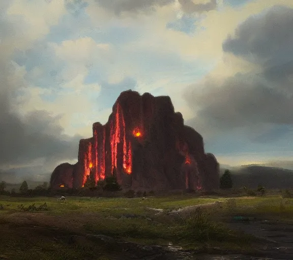 Image similar to landscape portrait of a an immense building made of hot brimstone, with tyler childers hammering the side, by william sidney mount, trending on artstation