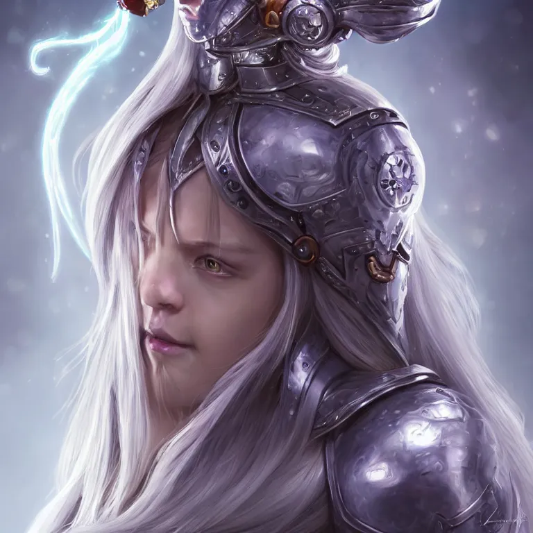 Image similar to portrait anthropomorphic candy gumdrop character with brilliant silver flowing hair and a brilliant jeweled silver helm, beautiful white glowing eyes, wideshot ultrawide angle epic scale, hybrid from The Elden Ring and art direction by Darius Zawadzki ;by artgerm; wayne reynolds art station; cinematic quality character render; low angle; ultra high quality model; production quality cinema model;