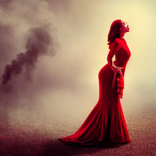 Prompt: a woman made of smoke, wearing a red dress, dancing, posed, photograph, photoshop,