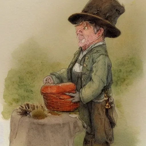 Image similar to a muted color watercolor sketch of a little person story book character ifrom the book Baltimore & Redingote by Jean-Baptiste Monge of an old man in the style of by Jean-Baptiste Monge that looks like its by Jean-Baptiste Monge and refencing Jean-Baptiste Monge