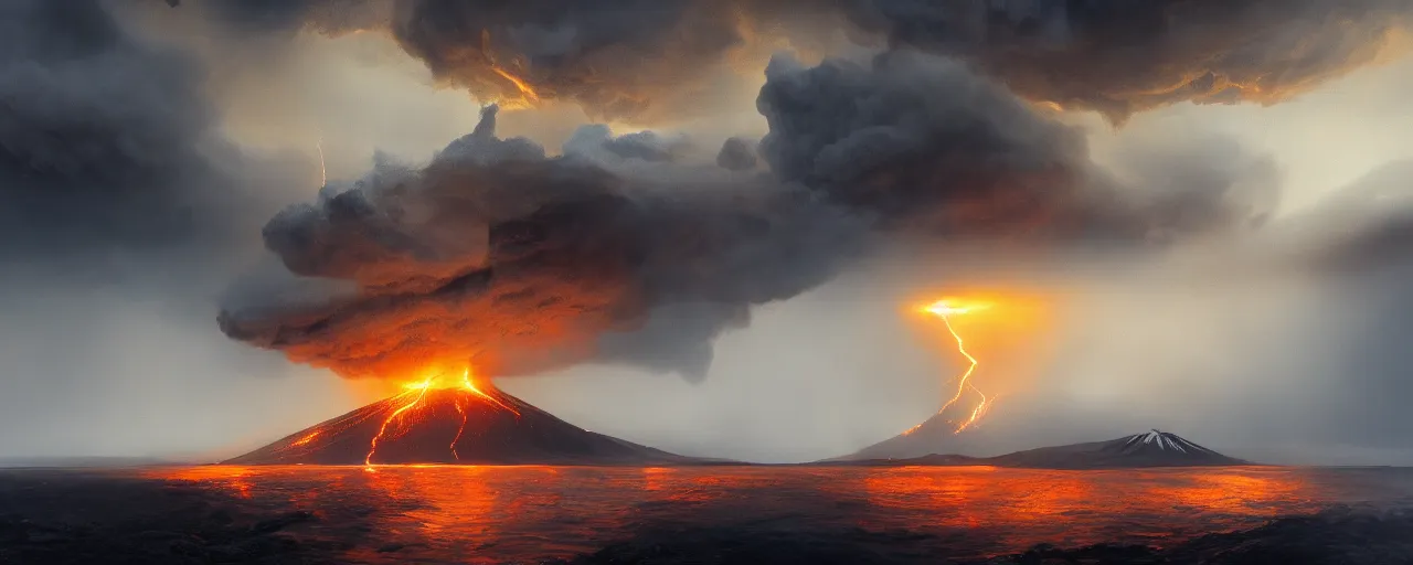 Prompt: erupting icelandic volcano in a severe thunderstorm, in style of Aivazovsky, epic lighting, ultra realistic, 4k, hyper details,