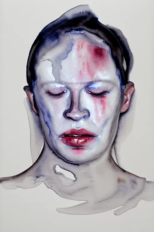 Image similar to watercolor in wet paper, a liquid white clay porcelain portrait of a face melt down flow go runny by marlene dumas, body painted with white thick fluid, detailed watercolor, grainy, contrast