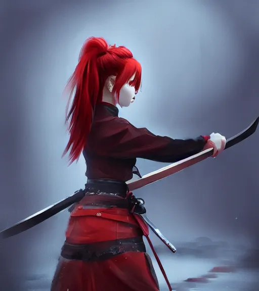 Image similar to a girl with red hair holding a katana, samurai outfit, japanese clothes, ponytail, action shot, highly detailed, digital painting, artstation, concept art, smooth, sharp focus, kunoichi, illustration