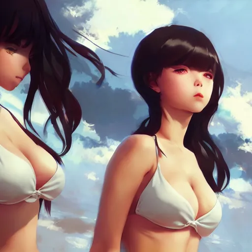 Image similar to cgsociety, by wlop, ilya kuvshinov, krenz cushart, greg rutkowski, trending on artstation. anime girl wearing latex bikini. cinematic dramatic atmosphere, sharp focus, volumetric lighting.