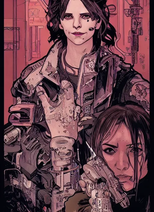 Prompt: cyberpunk bartender. portrait by ashley wood and alphonse mucha and laurie greasley and josan gonzalez and james gurney. spliner cell, apex legends, rb 6 s, hl 2, d & d, cyberpunk 2 0 7 7. realistic face. vivid color. dystopian setting.