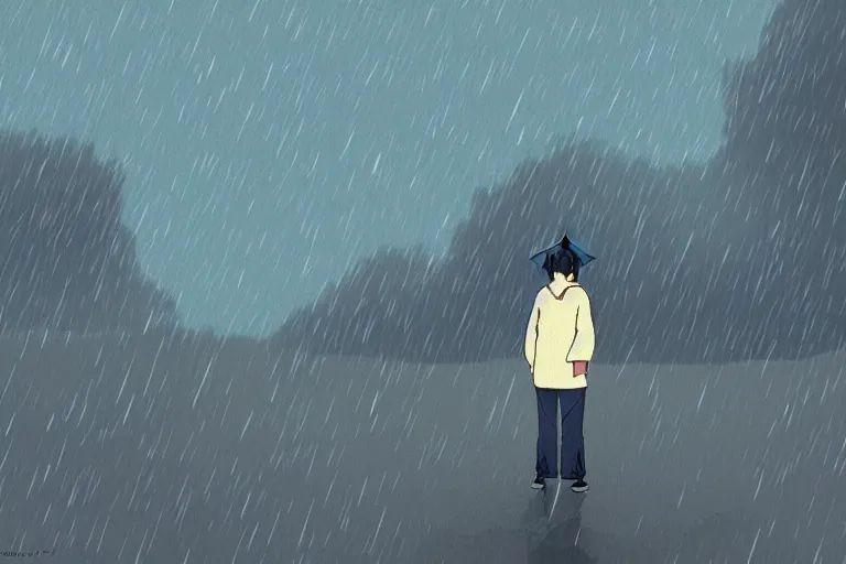 Image similar to A cell animation of a depressed man standing in the rain, Miyazaki Hayao, ghibli style, chin chan, illustration, azure tones, vintage colors, anime, trending on artstation