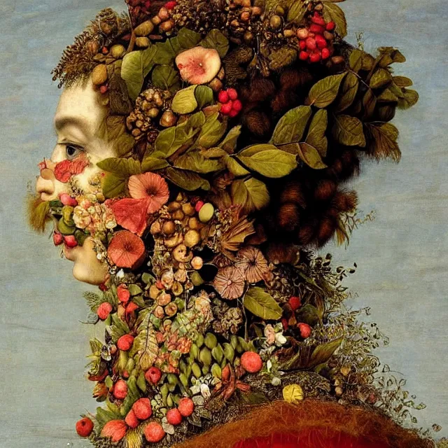 Prompt: a beautiful profile portrait of a beauty, leaves, by giuseppe arcimboldo, photo realistic, realistic materials.