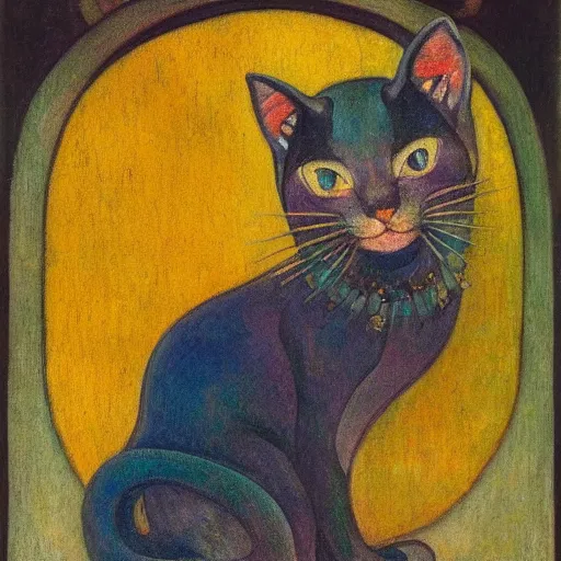 Prompt: painting of a cloisonne cat figurine, by annie swynnerton and diego rivera and nicholas roerich and jean delville, symbolist, dramatic lighting, god rays, art brut, rich colors, smooth, sharp focus, extremely detailed, adolf wolfli and ( donato giancola and bilibin )