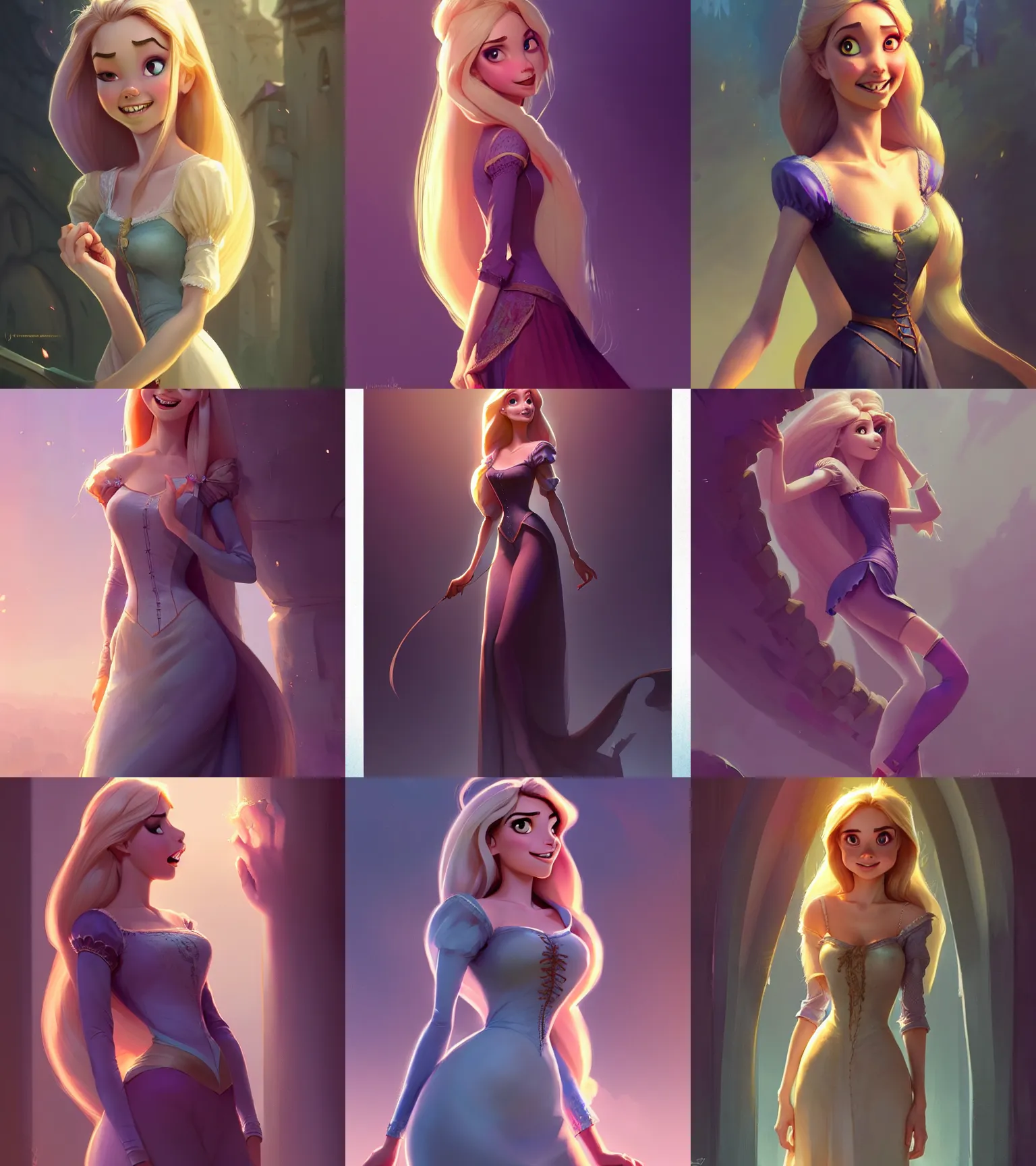 Prompt: attractive Rapunzel, hourglass slim figure, full body shot close up, seductive smile, details, sharp focus, illustration, by Jordan Grimmer and greg rutkowski, Trending artstation, pixiv, digital Art